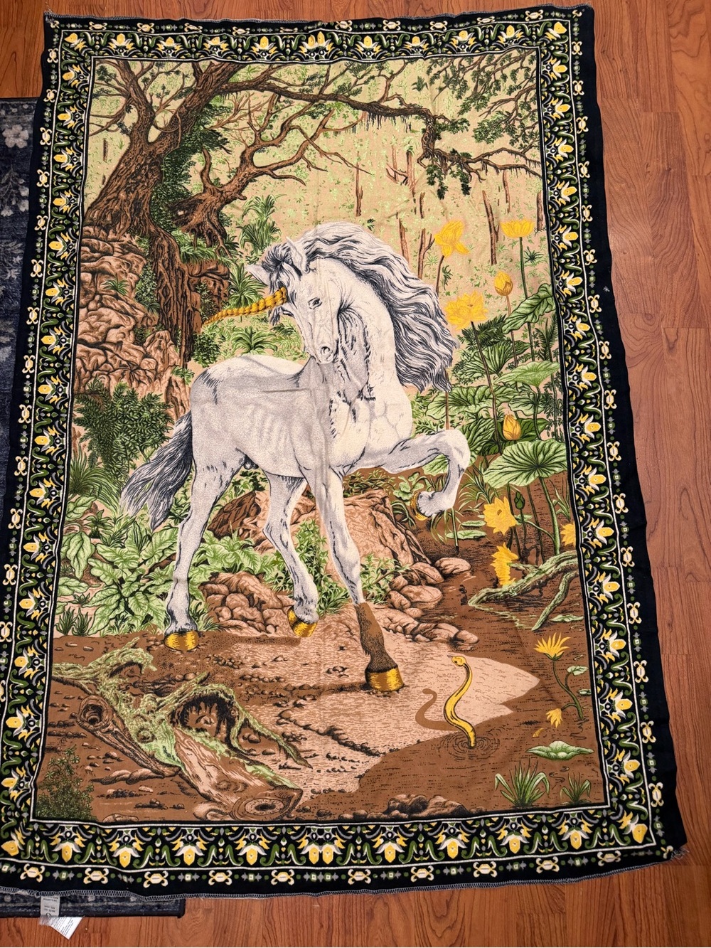 Vintage Unicorn Forest Woven Cotton Tapestry Wall Hanging Made in Turkey